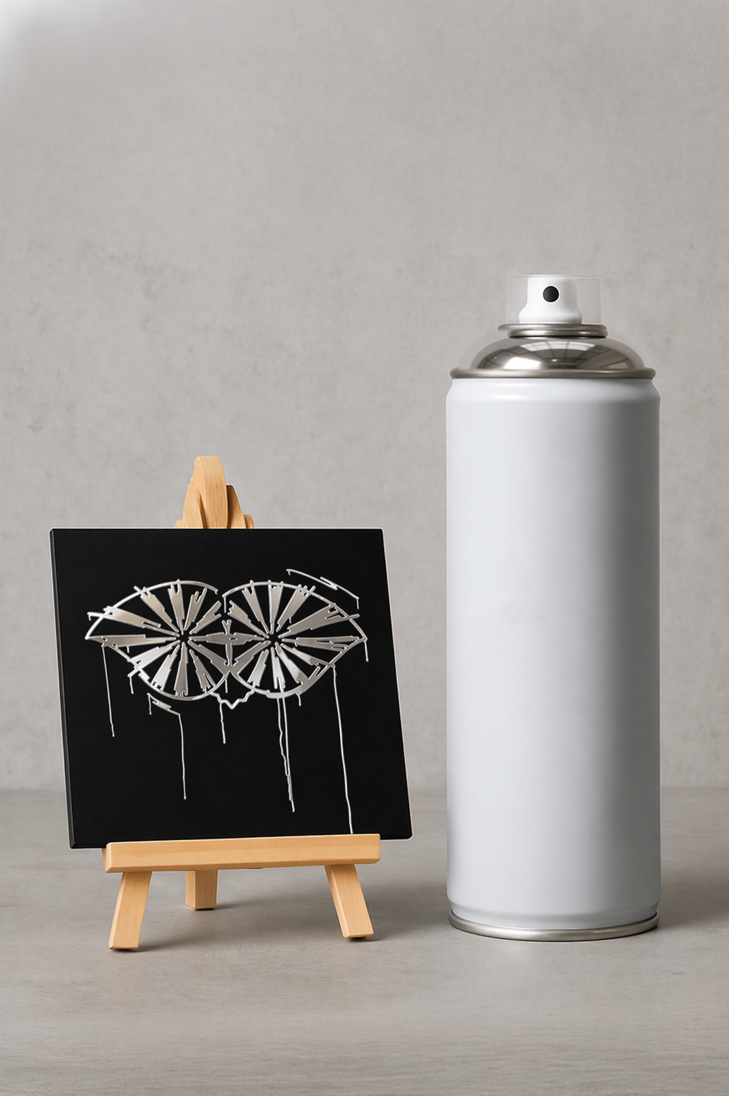 Designspiegel Mini in 10 × 10 cm mit spiegelndem Motiv Schneider von Ulm neben einer Sprühdose