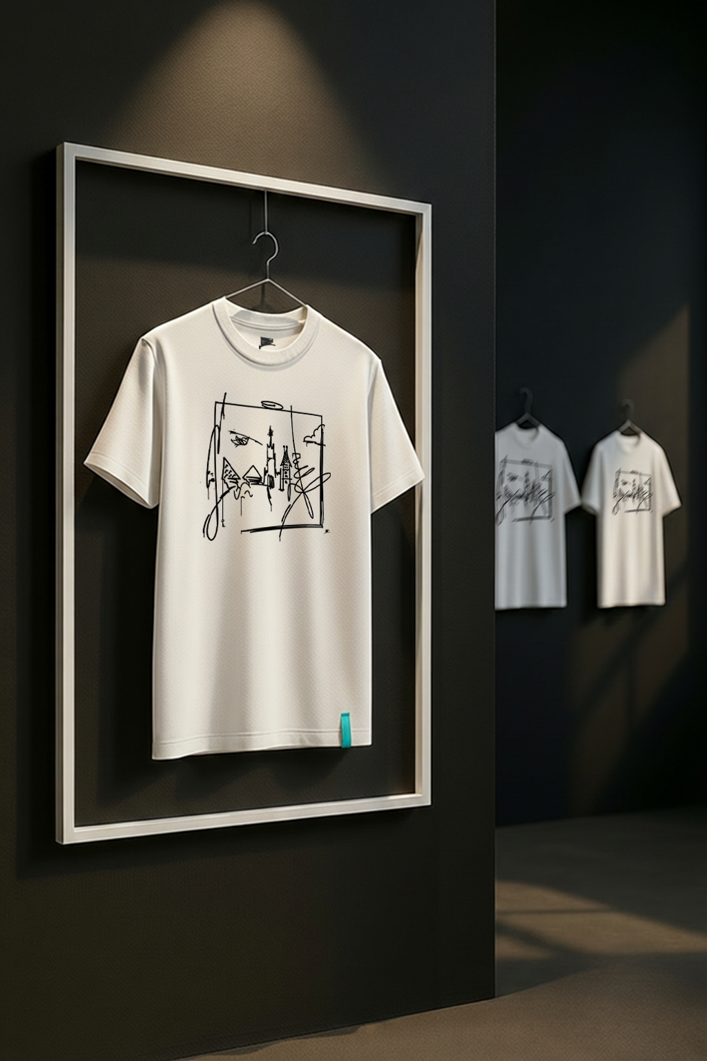 Weißes Premium T-Shirt mit schwarzem Ulm Skyline Print im handgezeichneten Street-Art Stil in moderner Galerie-Inszenierung