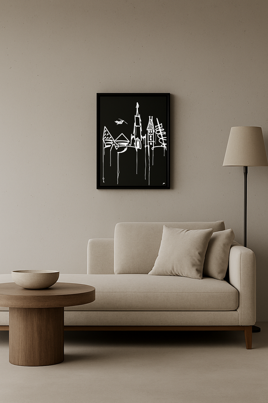 Designspiegel 40×50 cm mit Ulm Skyline, modern präsentiert im stilvollen Wohnzimmer.