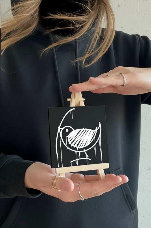 Designspiegel Mini mit Ulmer-Spatz im urbanen Schwarz-Weiß-Look, von einer Person im Hoodie in der Hand gehalten, moderne Urban-Art Produktdarstellung.