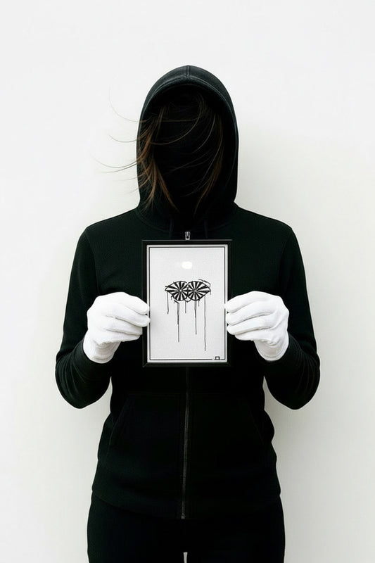 Kunstdruck Schneider von Ulm 10×15 cm im Urban-Art-Dripstyle, gehalten von Person im schwarzen Hoodie mit weißen Handschuhen.