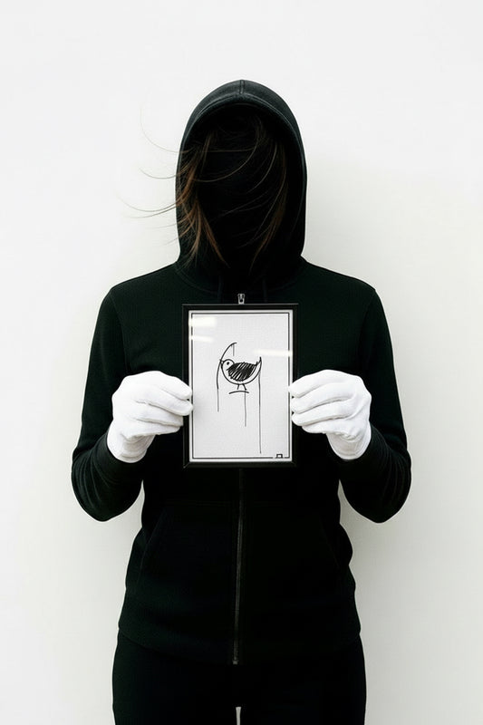 Kleinformatiger 10x15 cm Kunstdruck des Ulmer Spatz im schwarzen Rahmen, von Person mit Hoodie und Handschuhen gehalten. Urban Art Stil.“