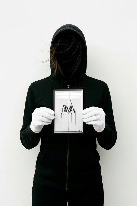 Kunstdruck Ulmer Schachtel im Format 10x15 cm, von einer schwarz gekleideten Person mit weißen Handschuhen gehalten, minimalistisches schwarz-weiß Urban-Art-Design.