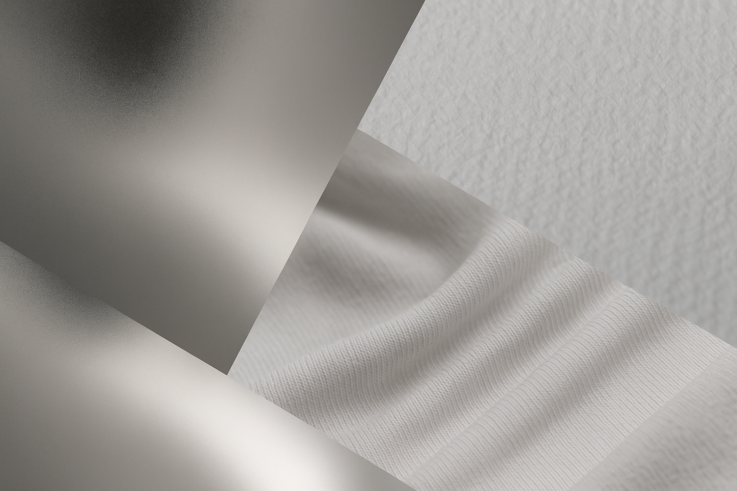 "Materialcollage der Bestseller-Kollektion von I WAS HERE – Detailaufnahme von Spiegeloberfläche, Aquarellpapier und T-Shirt-Stoff. Urbanes, minimalistisches Design aus der pARTisserie Kollektion."