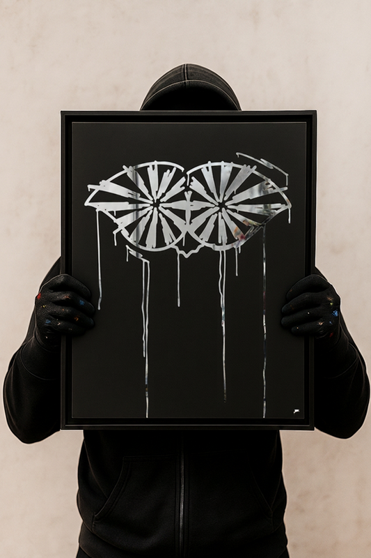 Designspiegel Schneider von Ulm in 40x50 cm, frontal von schwarz gekleideter Person gehalten – moderner Urban-Art Stil.