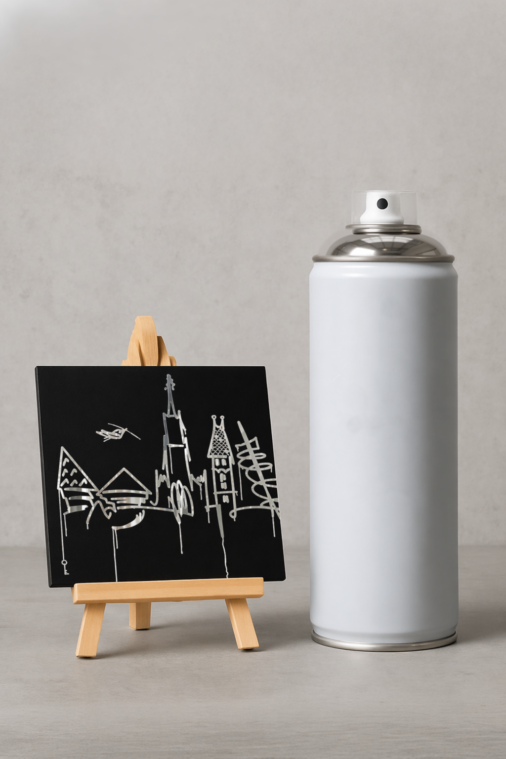Designspiegel Mini in 10 × 10 cm mit spiegelndem Motiv Donauufer neben einer Sprühdose
