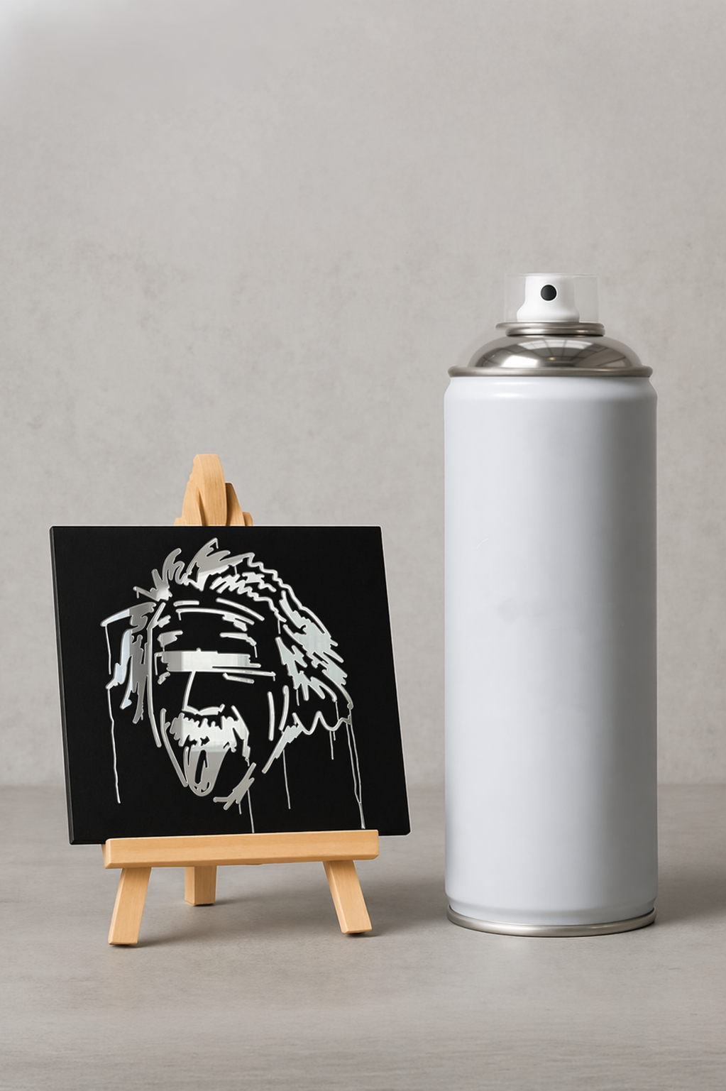 Designspiegel Mini in 10 × 10 cm mit spiegelndem Motiv Albert Einstein neben einer Sprühdose

