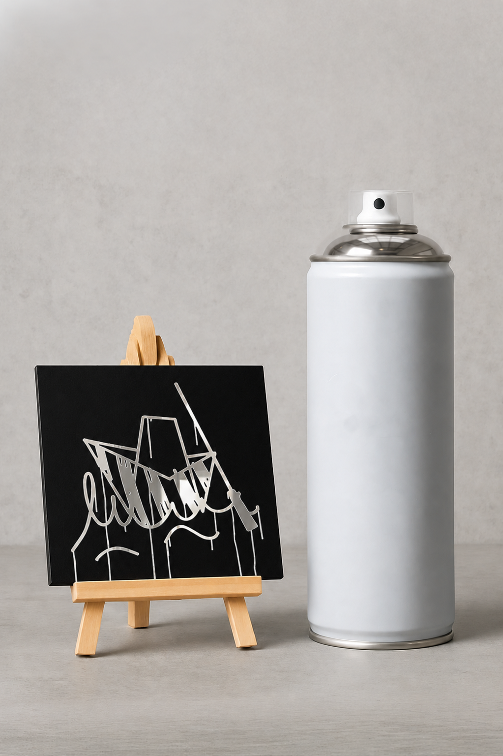 Designspiegel Mini in 10 × 10 cm mit spiegelndem Motiv Ulmer Schachtel neben einer Sprühdose

