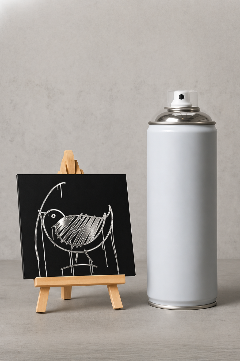 Designspiegel Mini in 10 × 10 cm mit spiegelndem Motiv Ulmer Spatz neben einer Sprühdose
