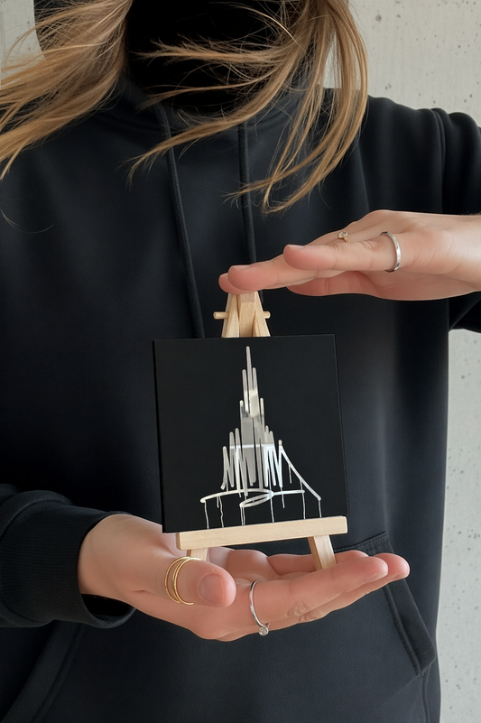 Person hält einen 10 × 10 cm großen Designspiegel Mini mit spiegelndem Motiv Ulmer Münster
