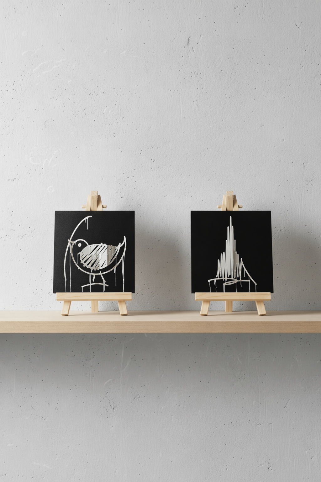 Zwei schwarze Designspiegel Mini mit spiegelnden Motiven Ulmer Münster und Ulmer Spatz auf einem Holzregal
