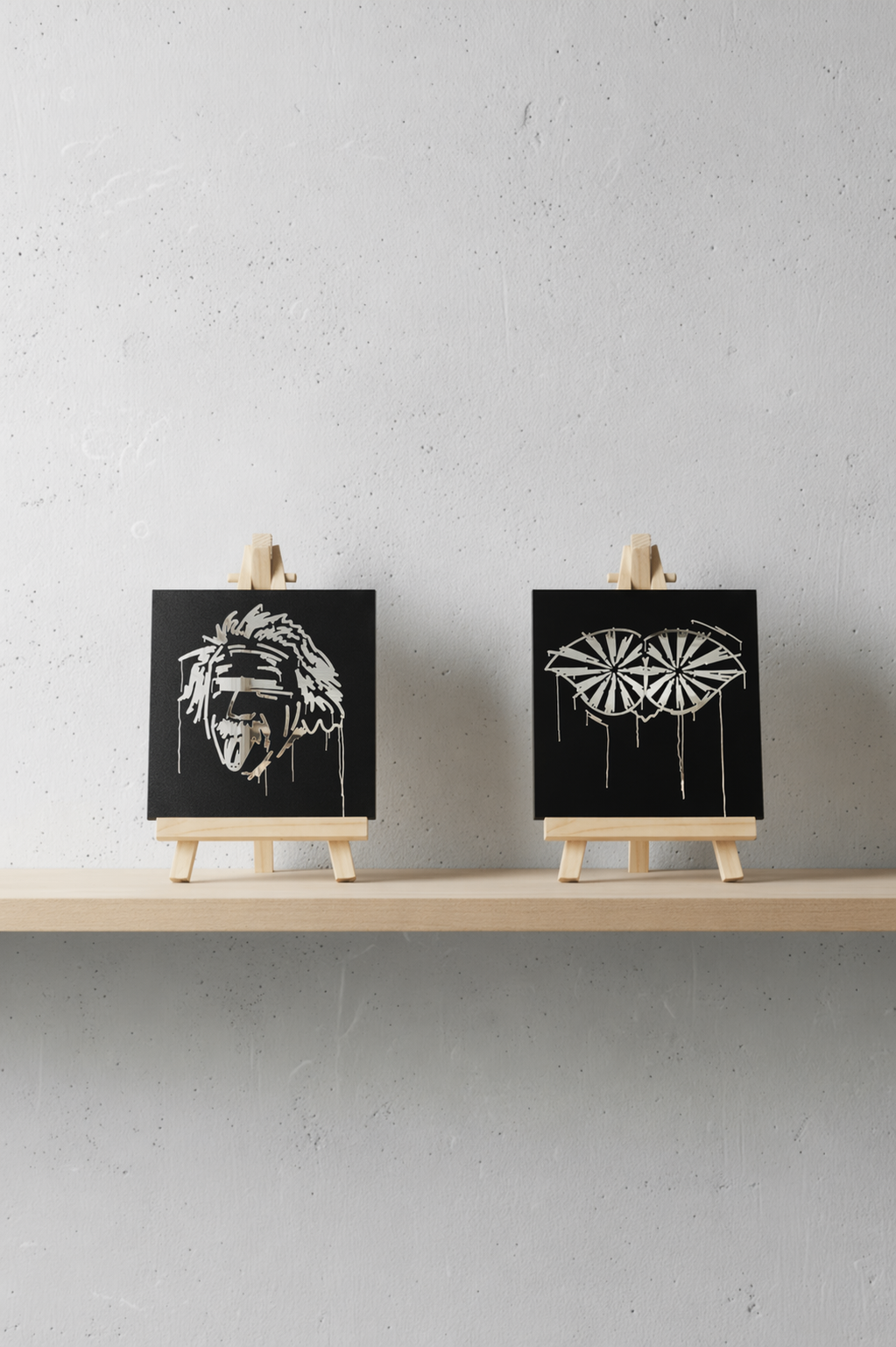 Zwei schwarze Designspiegel Mini mit spiegelnden Motiven Albert Einstein und Schneider von Ulm auf einem Holzregal
