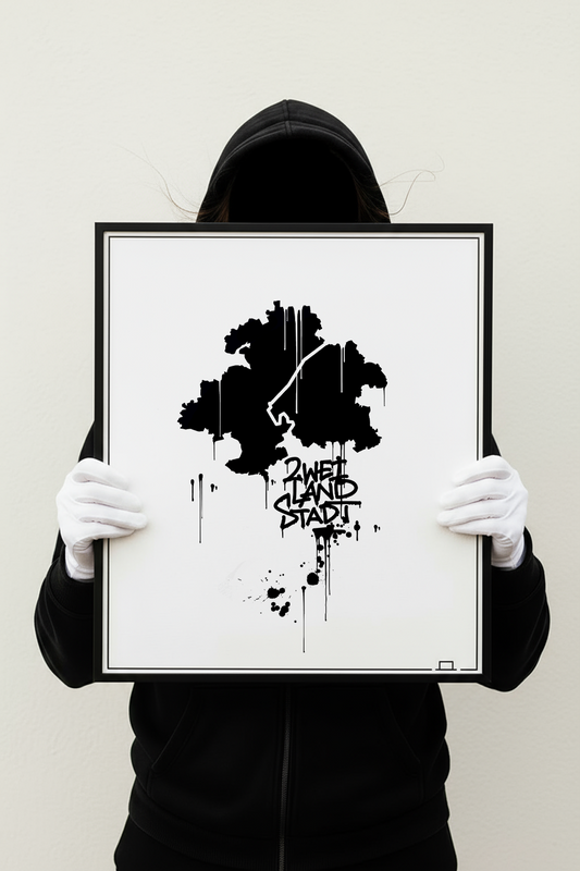Person in schwarzem Hoodie hält einen gerahmten Kunstdruck mit schwarzem Streetart-Motiv „Zweilandstadt Ulm und Neu-Ulm“ mit 40 x 50 cm