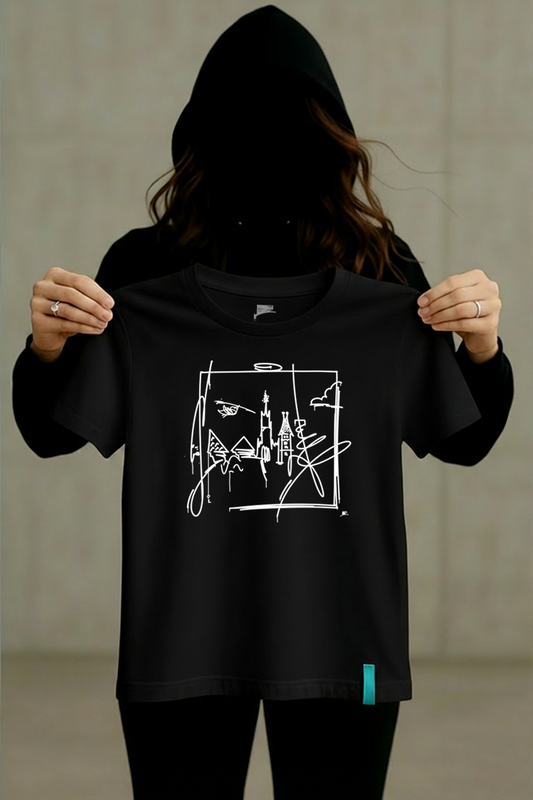 Schwarzes minimalistisches T-Shirt mit Ulm Skyline Frontprint im Street-Art Look
