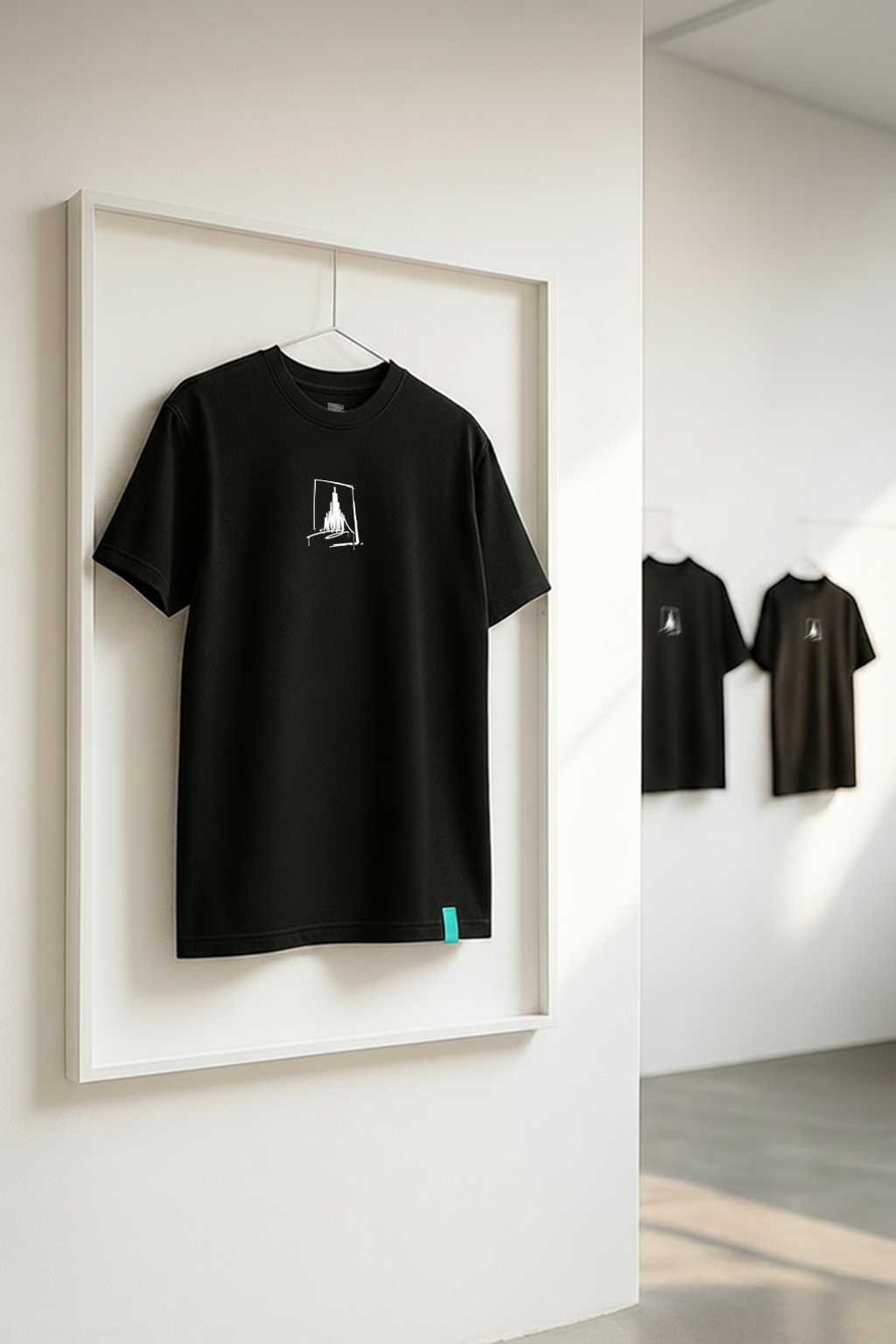 Schwarzes T-Shirt mit Ulmer Münster Print in moderner Galerie-Inszenierung