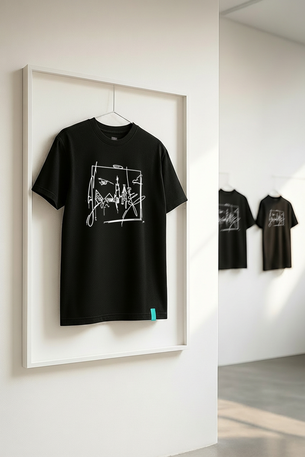 Schwarzes Premium T-Shirt mit weißem Ulm Skyline Print im handgezeichneten Street-Art Stil in moderner Galerie-Inszenierung
