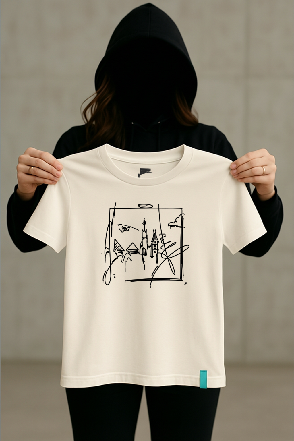 Weißes T-Shirt mit Ulm Stadtmotiv in schwarzem Line-Art Design und türkisfarbenem Hem-Tag