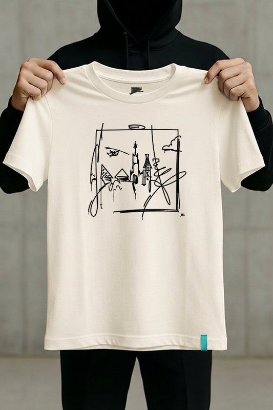 Weißes Premium T-Shirt mit schwarzem Ulm Skyline Print im handgezeichneten Street-Art Stil und türkisfarbenem Hem-Tag