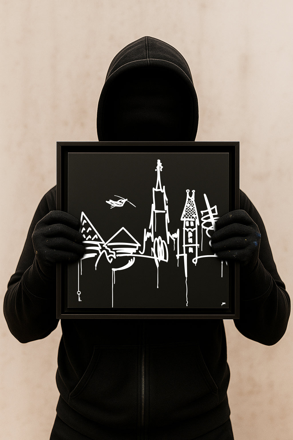 Designspiegel 30×30 cm mit weißer Ulm Skyline auf schwarzem Hintergrund, von Person im schwarzen Hoodie gehalten.