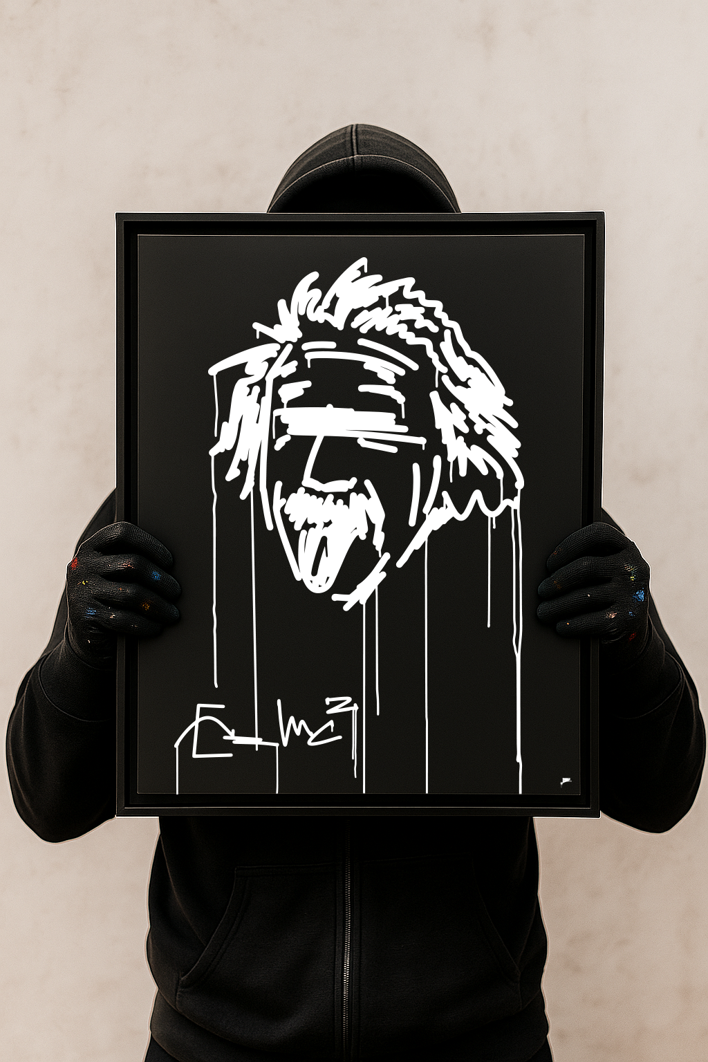 Designspiegel 40×50 cm mit markantem Einstein-Motiv, von Person im schwarzen Hoodie gehalten.