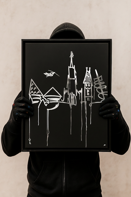 Designspiegel 40×50 cm mit Ulm Skyline, vor Person im Hoodie – urbanes Art-Setting.