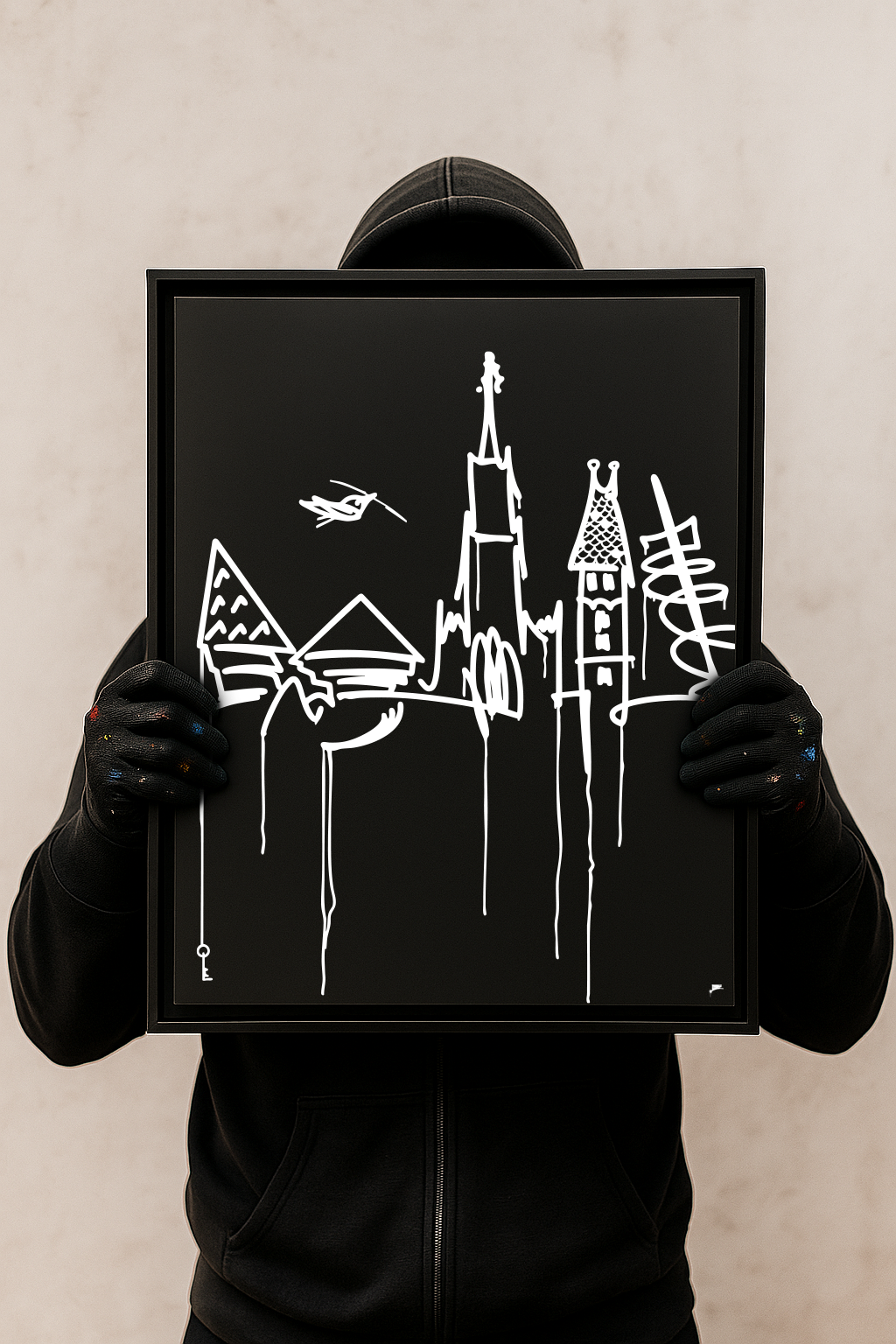 Designspiegel 40×50 cm mit Ulm Skyline, vor Person im Hoodie – urbanes Art-Setting.