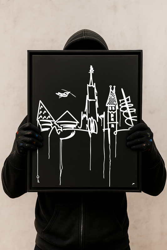 Designspiegel 40×50 cm mit Ulm Skyline, vor Person im Hoodie – urbanes Art-Setting.