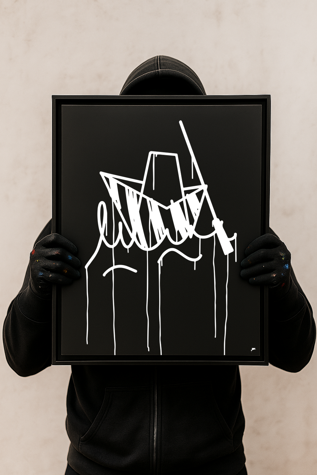 Gerahmter Designspiegel mit Ulmer-Schachtel-Graffiti 40x50 cm in Schwarz-Weiß wird von einer dunkel gekleideten Person gehalten – Urban Art Wanddeko.