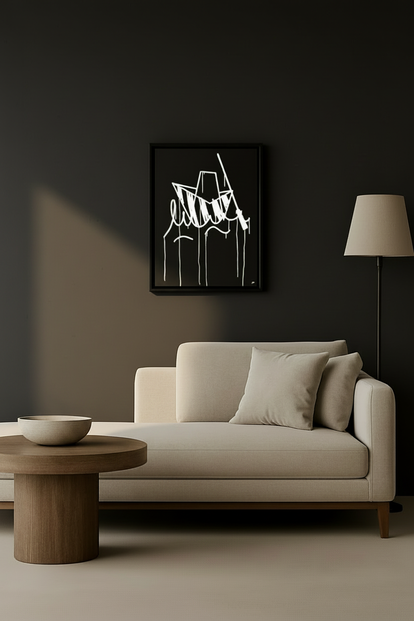 Schwarz-weißer Designspiegel mit Ulmer-Schachtel-Motiv 40x50 cm als urbanes Kunstwerk über einem beigen Sofa in einem modernen Wohnzimmer.