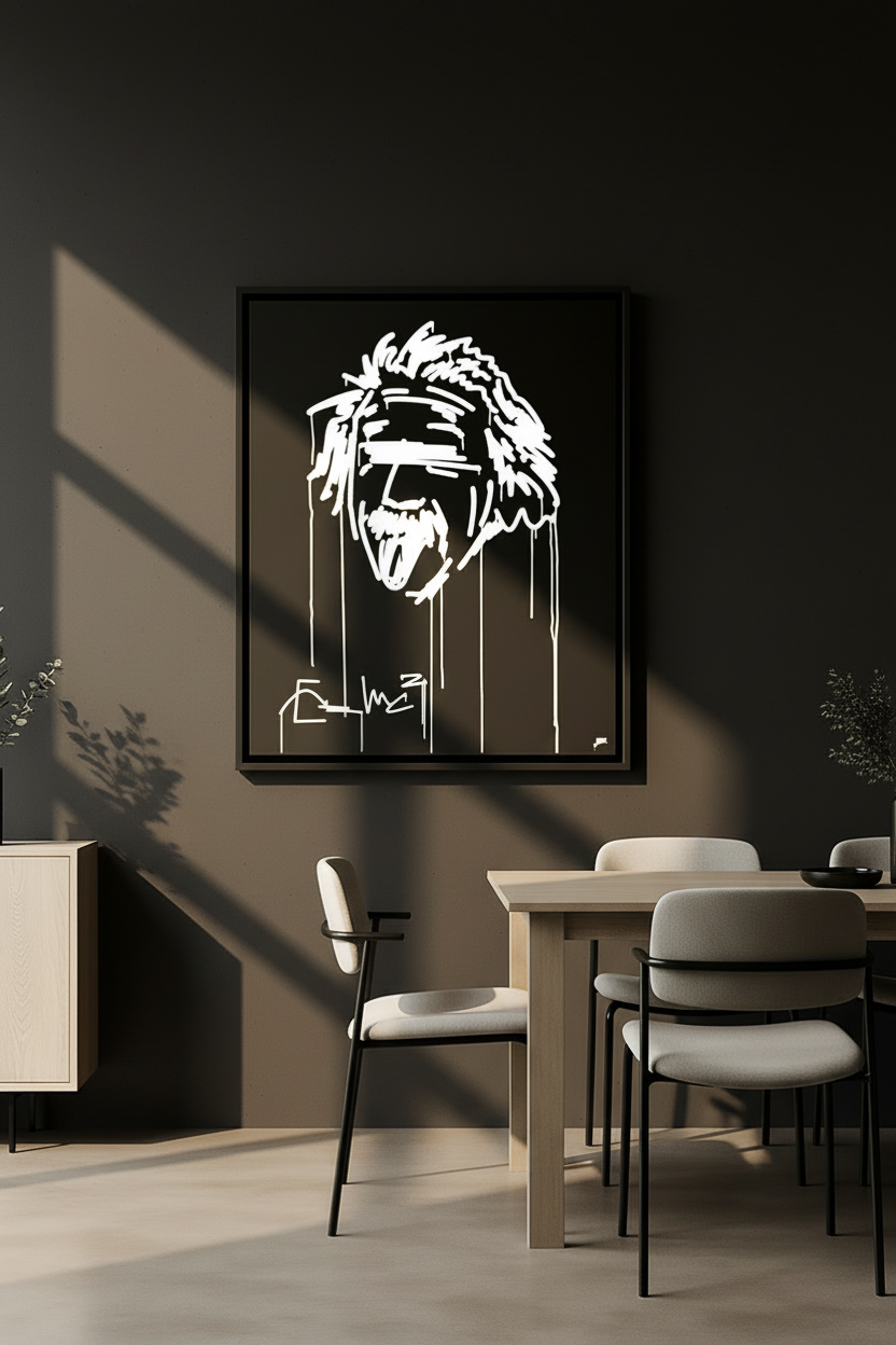Designspiegel 80×100 cm mit Einstein-Graffiti-Motiv, modern im Esszimmer inszeniert.