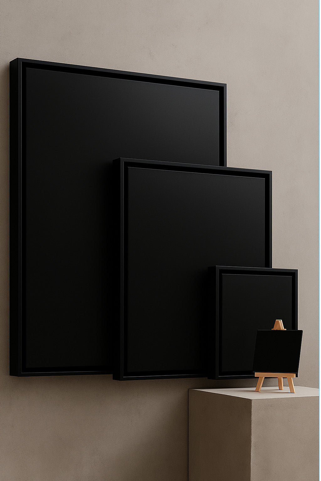 Größenvergleich mehrerer matt schwarzer Designspiegel im Schattenfugenrahmen vor einer modernen Betonwand, inklusive Mini-Staffelei als Größenreferenz