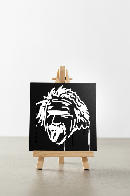 Designspiegel Mini mit Einstein-Motiv auf kleiner Holzstaffelei, frontal fotografiert auf hellem Untergrund.