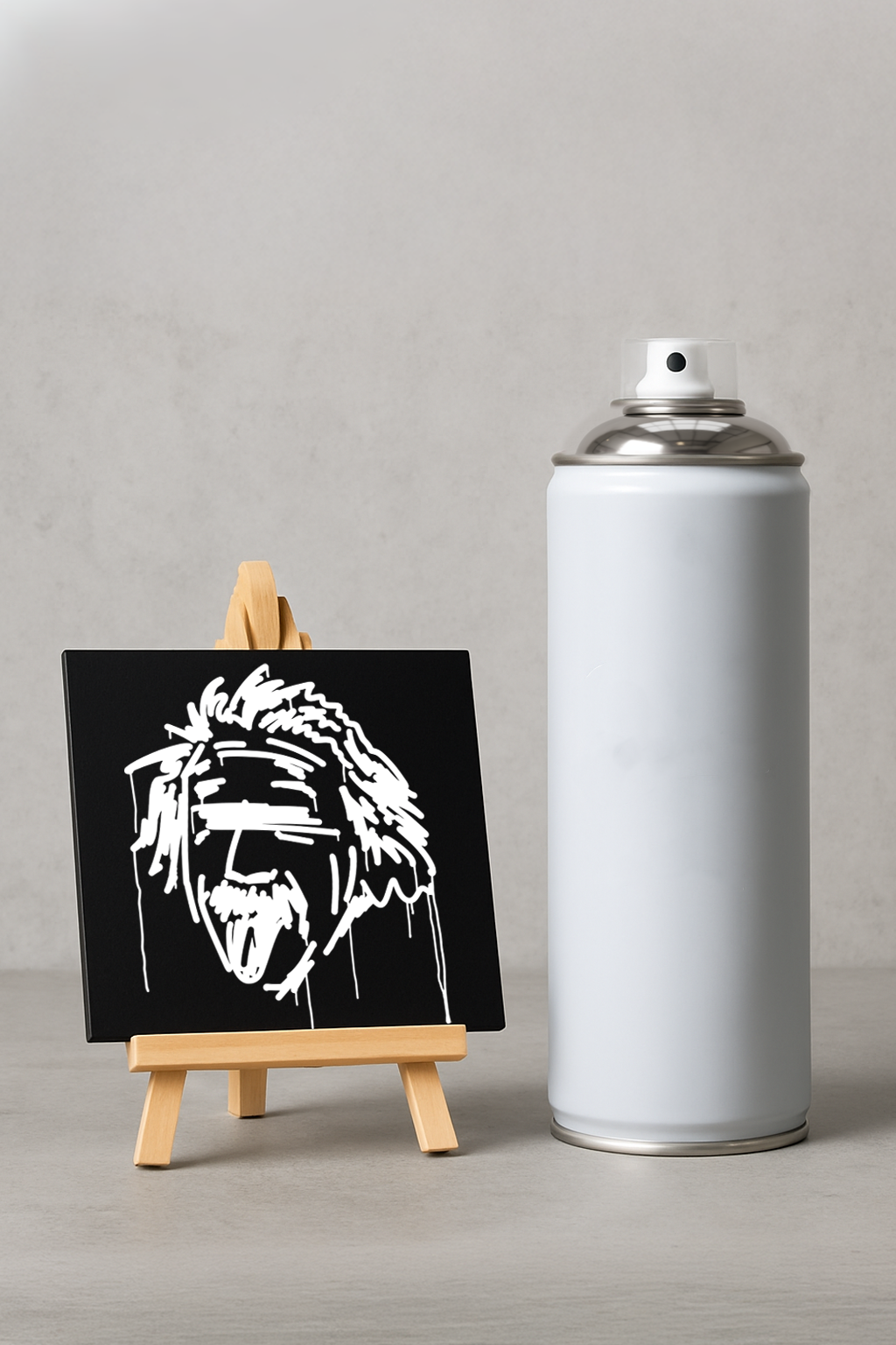 Designspiegel Mini mit Einstein-Motiv auf Holzstaffelei, daneben eine große weiße Sprühdose als Größenvergleich.