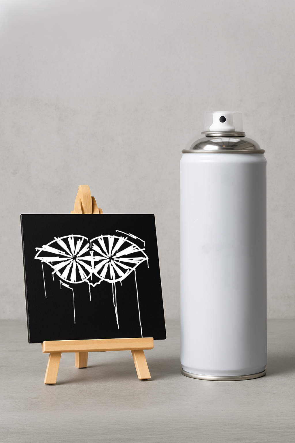 Designspiegel Mini Schneider von Ulm mit Urban-Art-Motiv auf kleiner Staffelei, neben Sprühdose zum Größenvergleich – modernes Wand- und Tischdekor