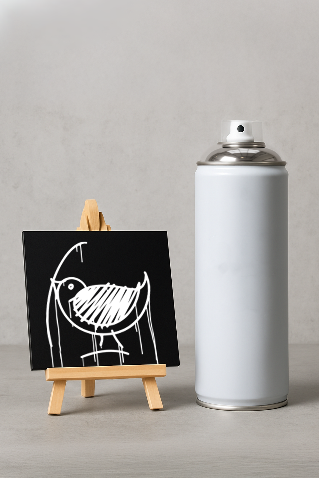 Schwarzer Designspiegel Mini mit weißem Spatz-Urban-Art-Motiv auf Holzstaffelei neben einer 400-ml Sprühdose als Größenvergleich.