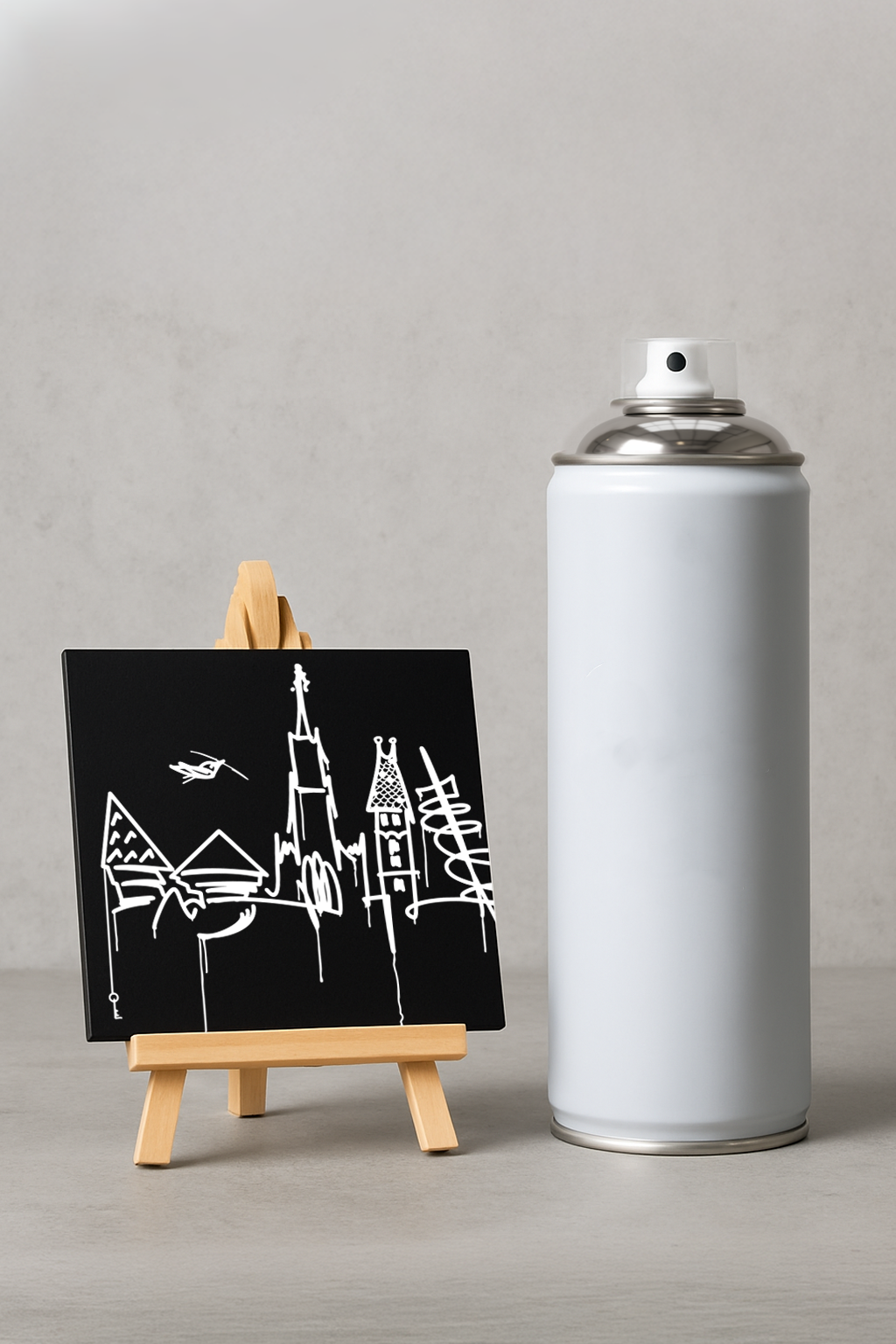 Designspiegel Mini mit Ulm Skyline auf Holzstaffelei, daneben eine Sprühdose zum Größenvergleich – urbaner Street-Art Look.