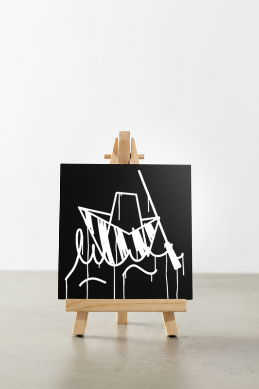 Designspiegel Mini Ulmer Schachtel – frontal fotografierter Urban-Art Spiegel in Schwarz-Weiß auf kleiner Staffelei.