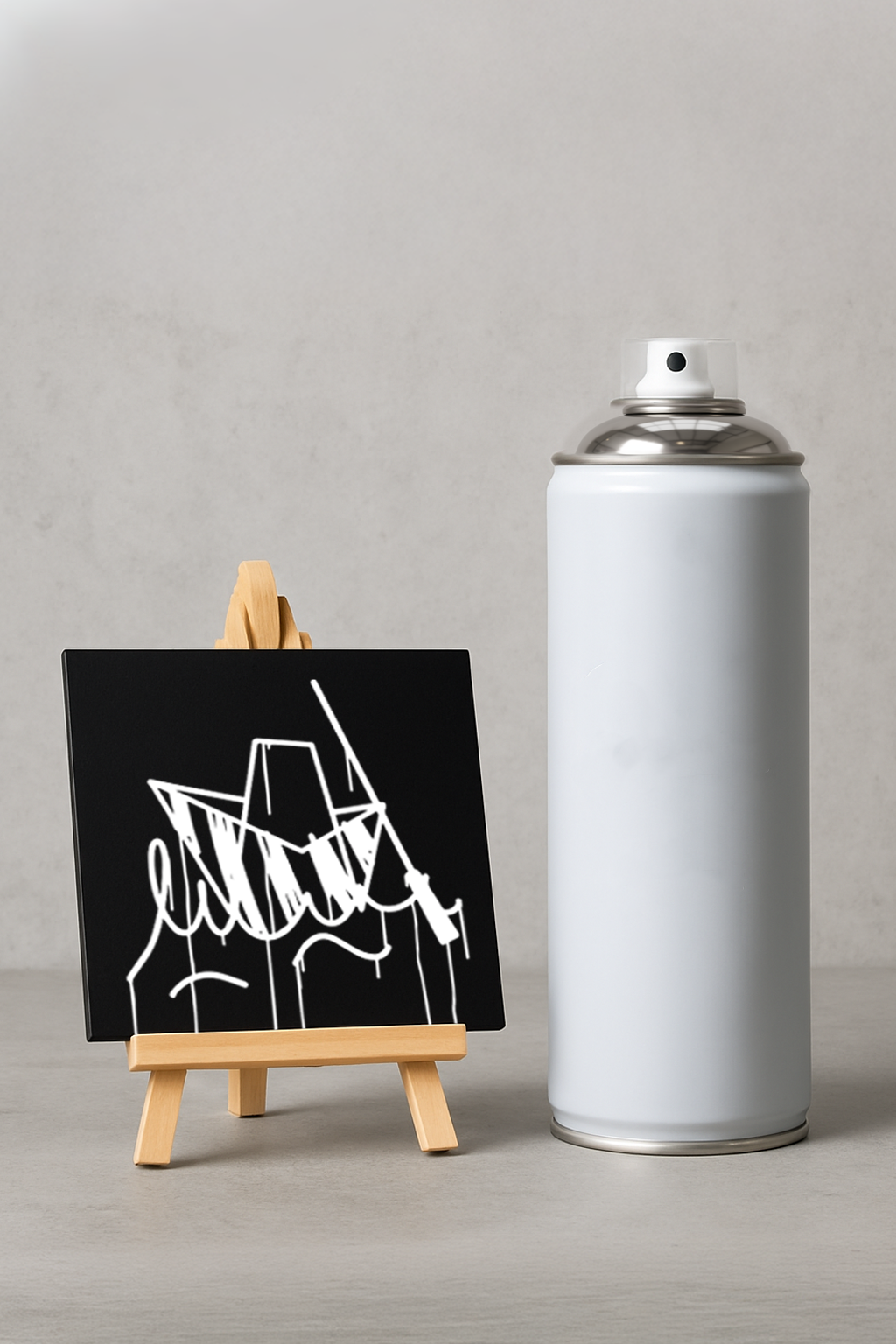 Designspiegel Mini Ulmer Schachtel – Größenvergleich neben einer weißen Sprühdose, urbaner Graffiti-Look.