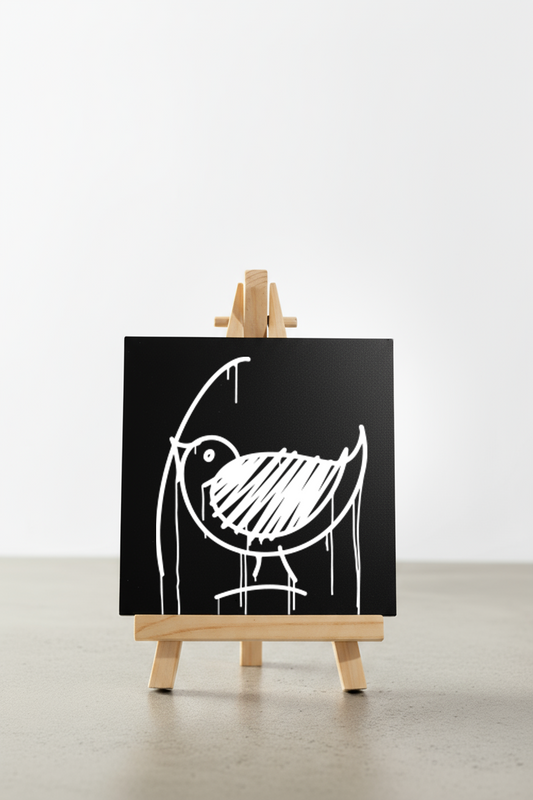 Designspiegel Mini mit Ulmer-Spatz-Motiv in Schwarz-Weiß auf kleiner Holzstaffelei, minimalistisches Produktfoto vor hellem Hintergrund.