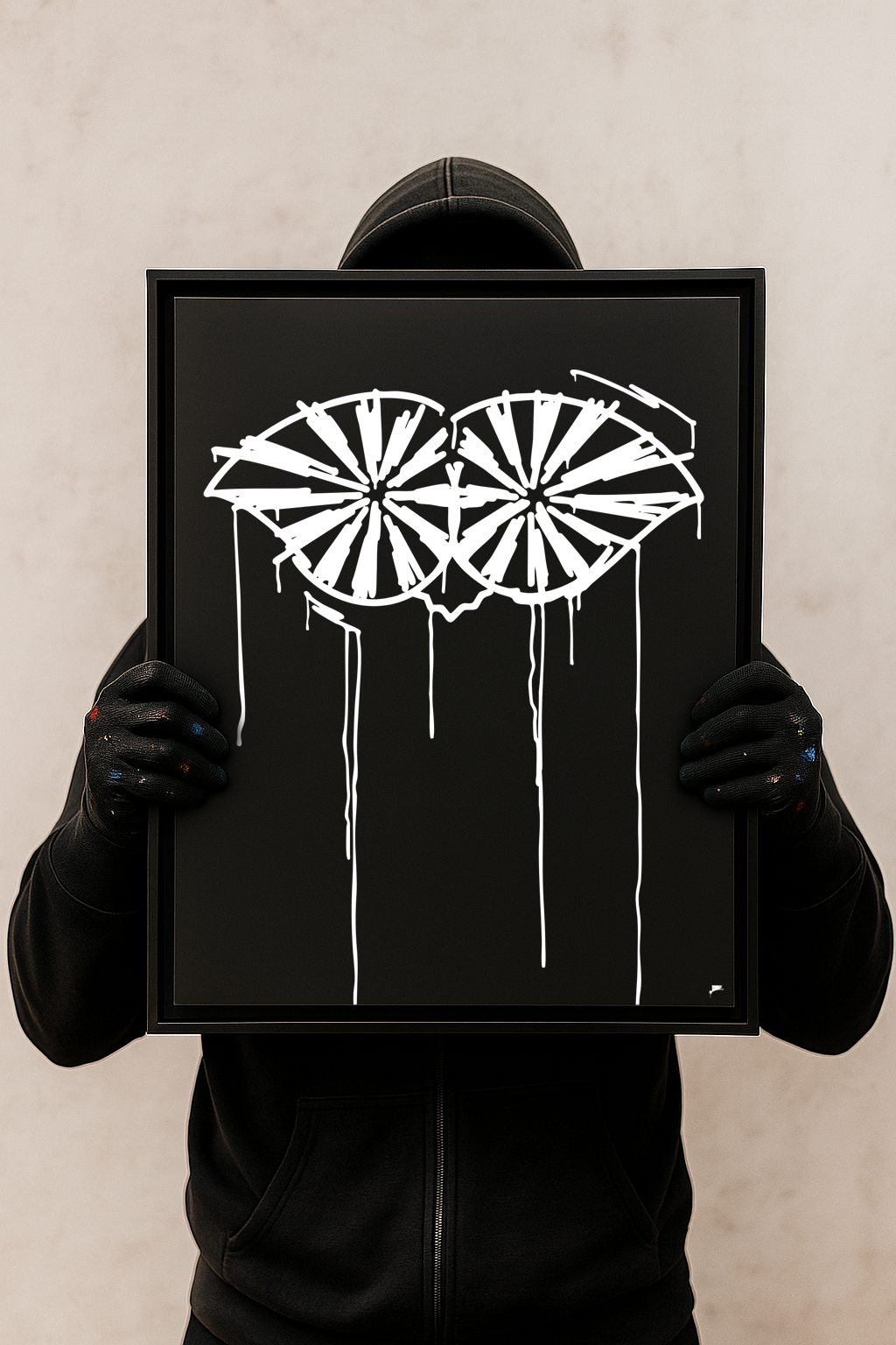 Designspiegel Schneider von Ulm in 40x50 cm, frontal von schwarz gekleideter Person gehalten – moderner Urban-Art Stil.