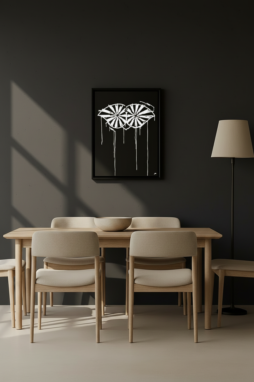 Designspiegel Schneider von Ulm in 80x100 cm im modernen Esszimmer – stilvolle Urban-Art Wanddekoration in Schwarz-Weiß.