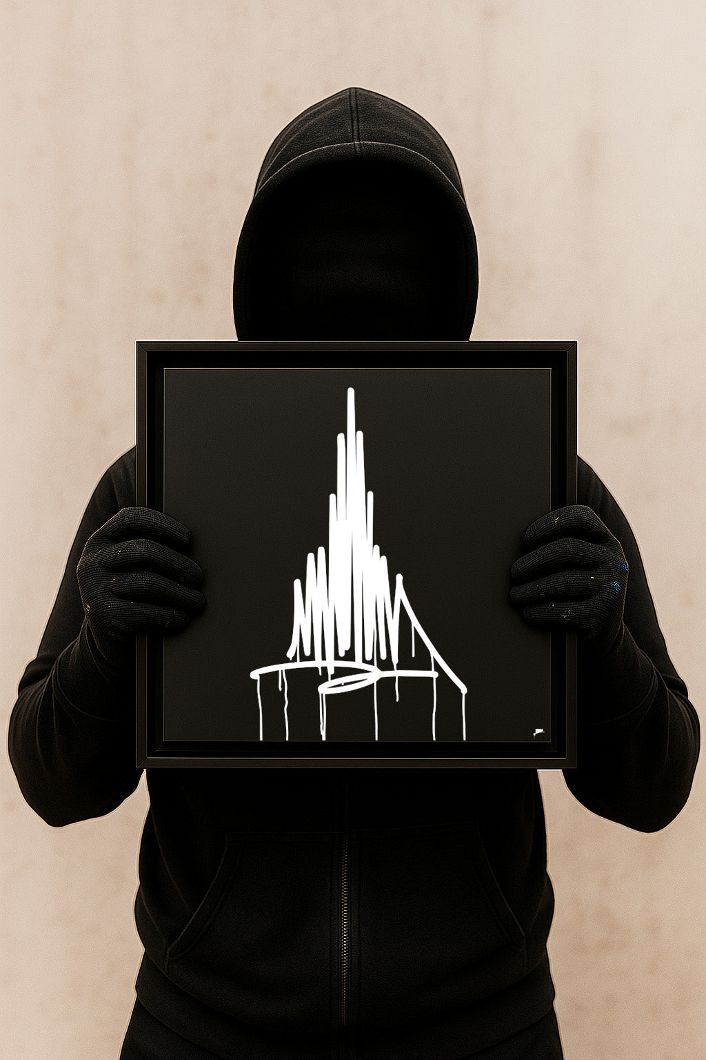 Person in schwarzem Hoodie hält einen matt schwarzen Designspiegel im Schattenfugenrahmen mit weißem Urban-Art-Motiv des Ulmer Münsters frontal vor sich.