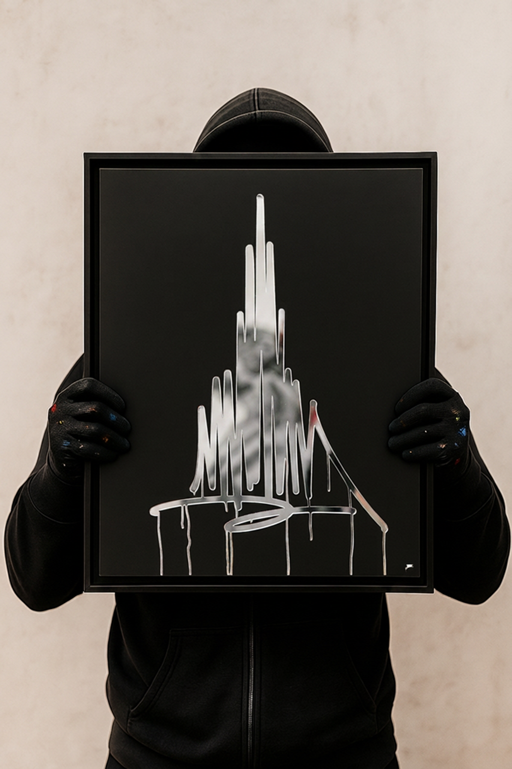Person in schwarzem Hoodie präsentiert einen matt schwarzen Designspiegel im 40×50-cm-Format mit weißem Urban-Art-Motiv des Ulmer Münsters im Schattenfugenrahmen.