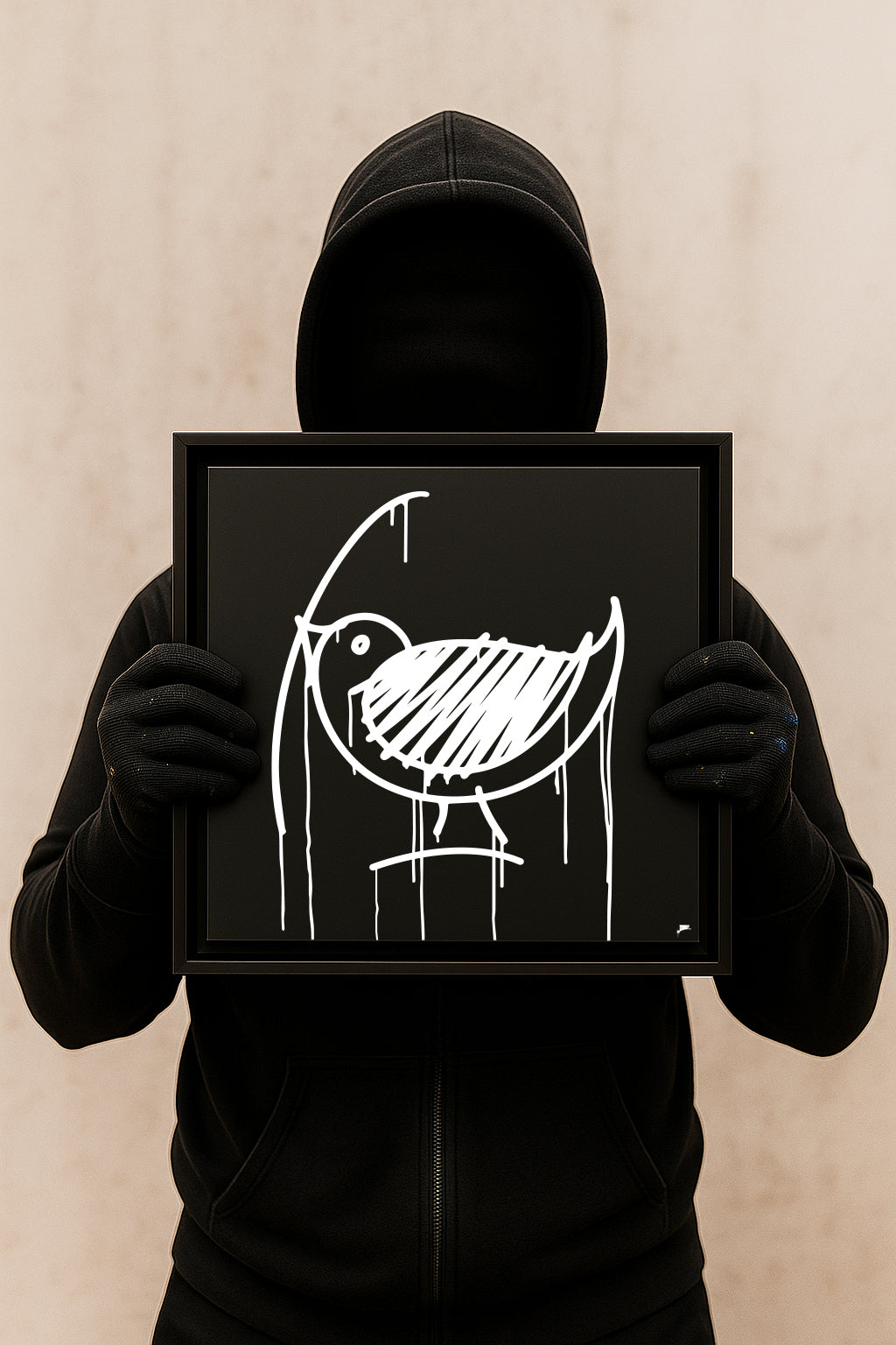 Quadratischer Designspiegel Ulmer Spatz 30×30 cm, von Person im schwarzen Hoodie gehalten, urbaner Look.