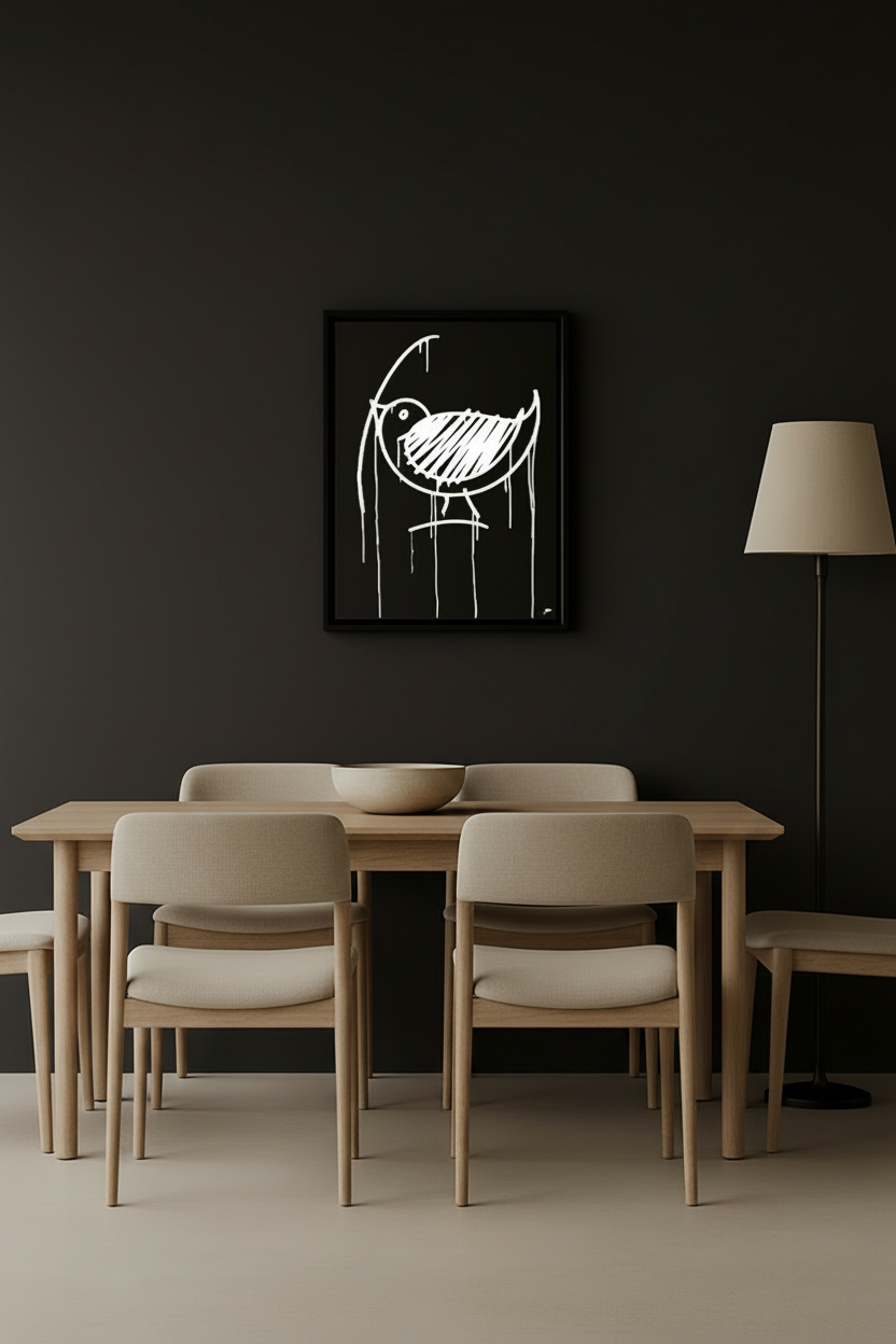 Designspiegel Ulmer Spatz 40×50 cm als Wandbild über modernem Esszimmertisch in minimalistischer Einrichtung.