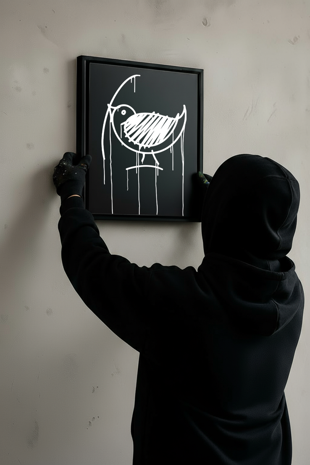 Designspiegel Ulmer Spatz 40×50 cm wird von Person mit schwarzen Handschuhen an die Wand gehängt.