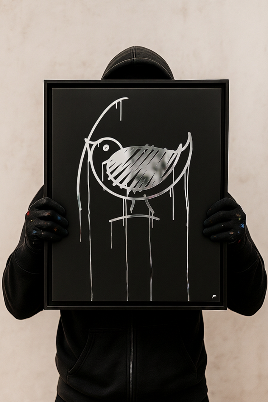 Designspiegel Ulmer Spatz 40×50 cm, schwarze Urban-Art-Optik, von Person in dunkler Kleidung präsentiert.