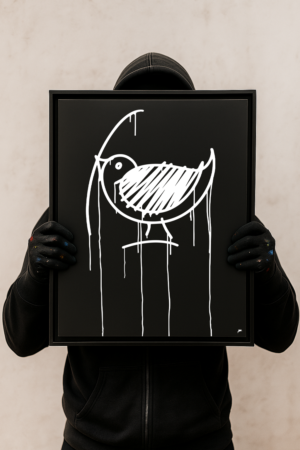 Designspiegel Ulmer Spatz 40×50 cm, schwarze Urban-Art-Optik, von Person in dunkler Kleidung präsentiert.