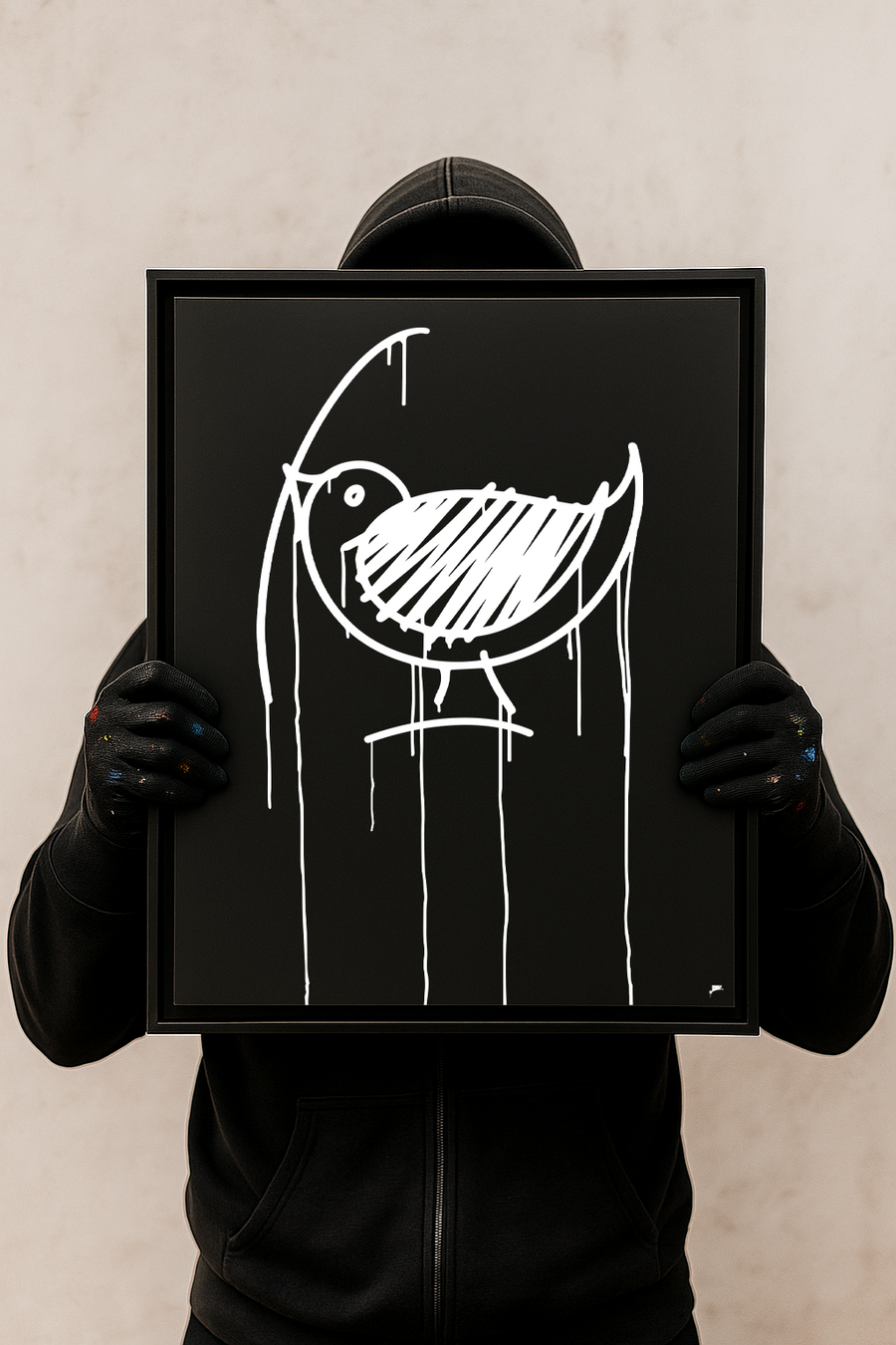 Designspiegel Ulmer Spatz 40×50 cm, schwarze Urban-Art-Optik, von Person in dunkler Kleidung präsentiert.