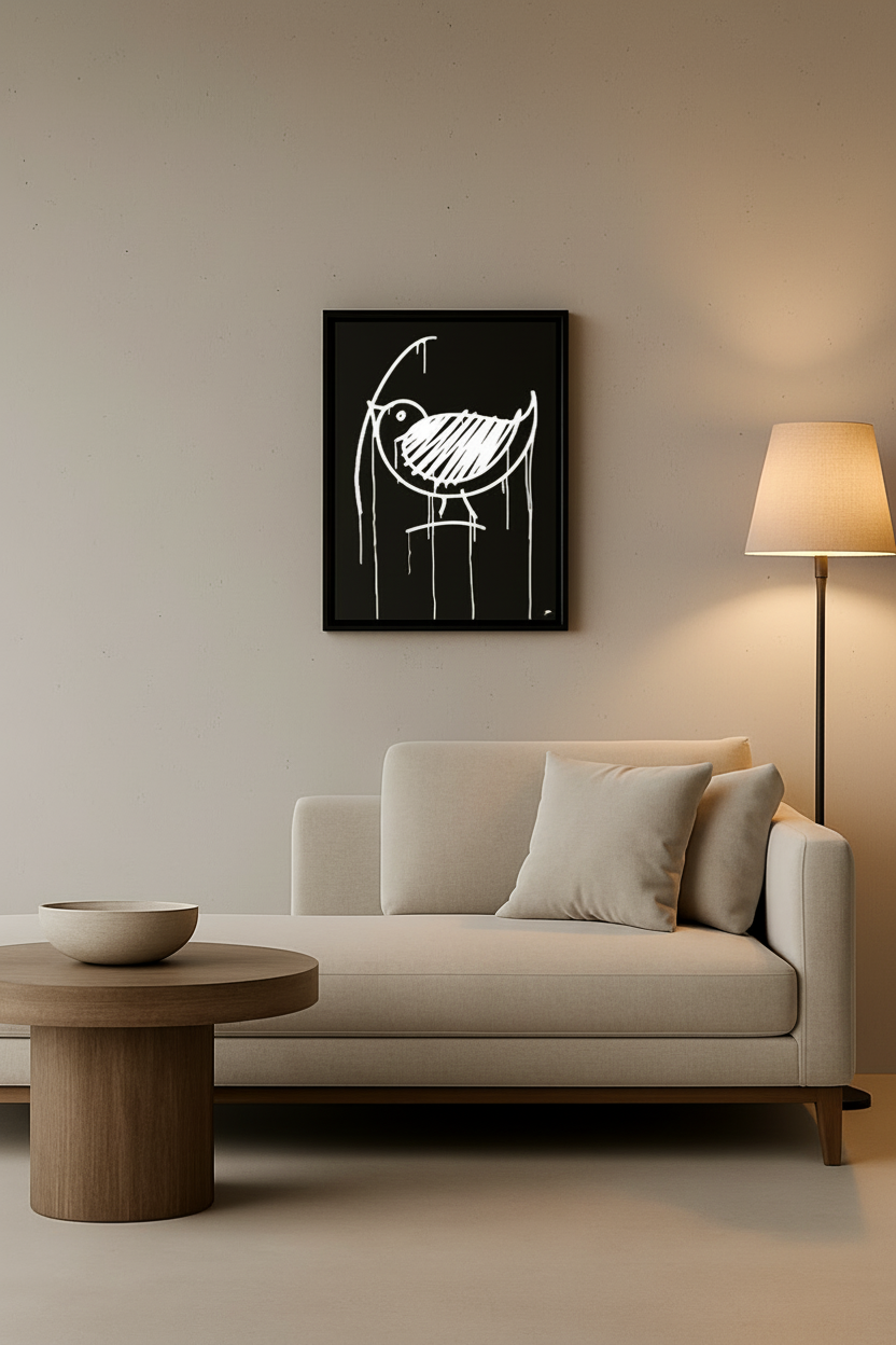 Designspiegel Ulmer Spatz 40×50 cm im modernen Wohnzimmer über Sofa, minimalistisches Urban-Art-Wandbild.